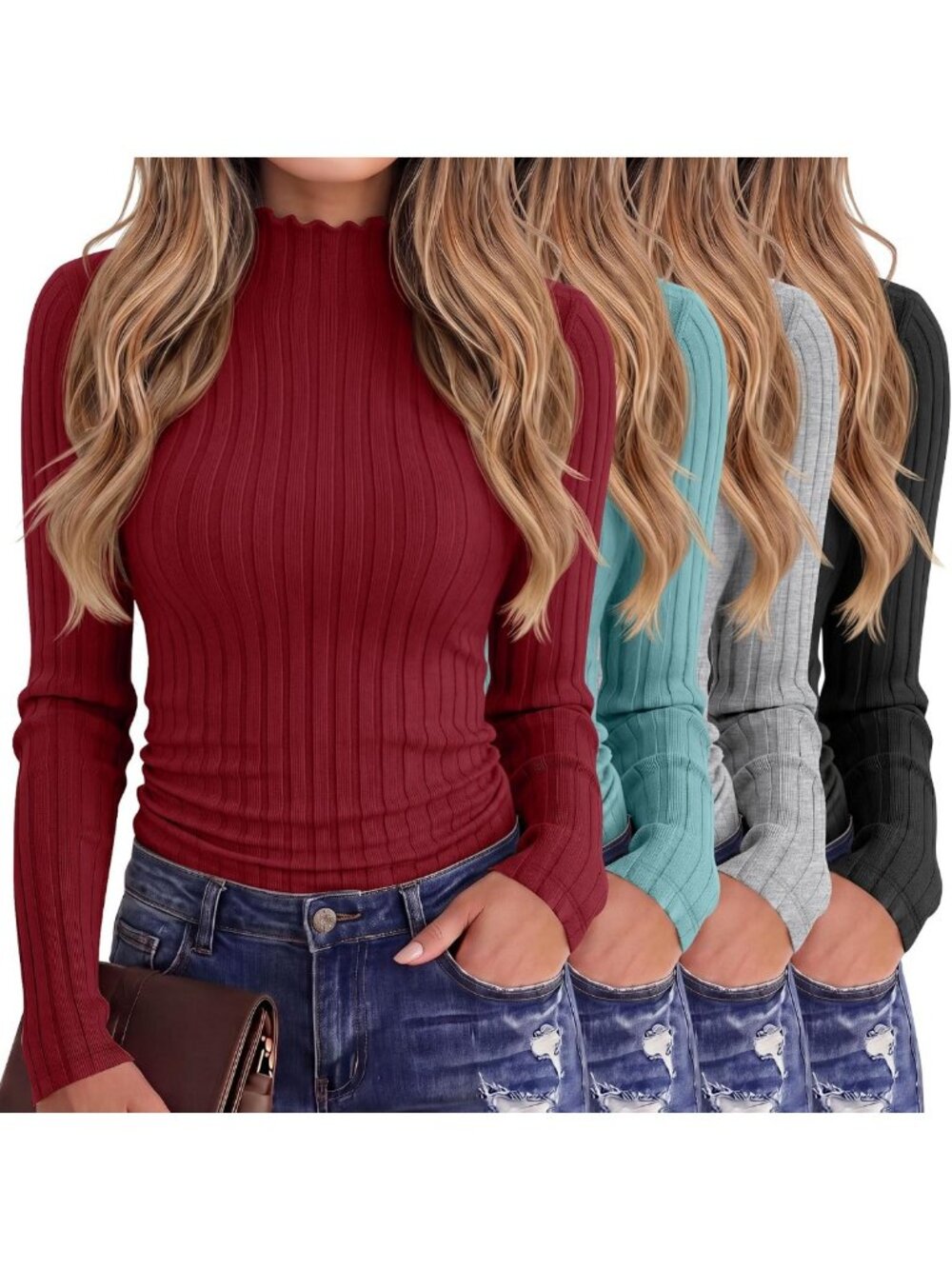 4 Pack Women's Ribbed Long Sleeve Mock Turtleneck Tops - Versatile & Stylish
